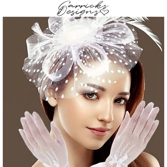 Carrick's Designs Accessories - Pearl and Polka Dot Fascinator Wedding Veil With Matching Gloves For Weddings or